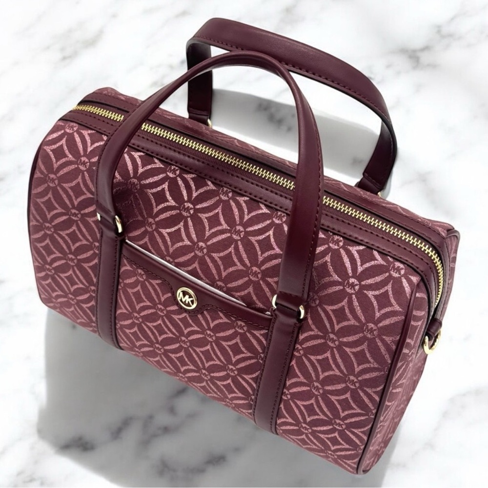Michael Kors Jet Set Travel Medium Signature Logo Duffel Crossbody Bag Ox Blood - Picture 6 of 10